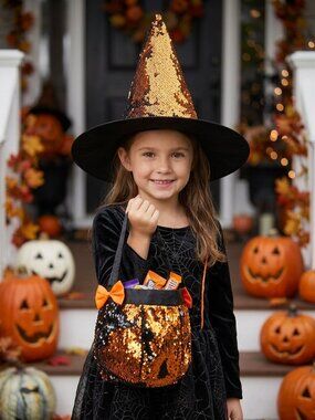 NWT Foggy Cauldron Reverse Sequin Witch Hat/Bag in Orange/Black